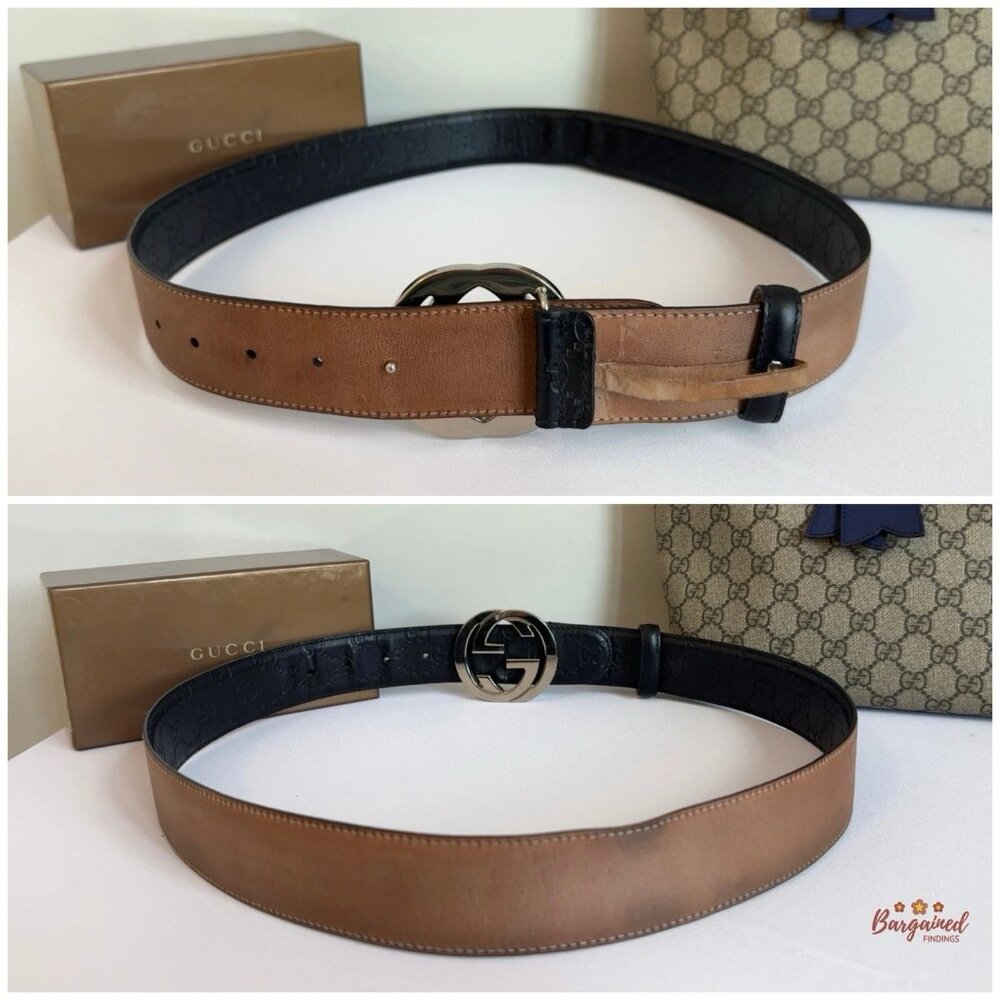 Auth Gucci Black Guccissima Leather Silver Interlocking G Buckle Belt 95/38 - Picture 5 of 13